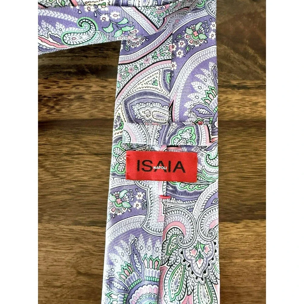 Luxury 7 Fold Isaia Napoli 100% Men's Pink & Purple paisley Necktie Tie NWOT